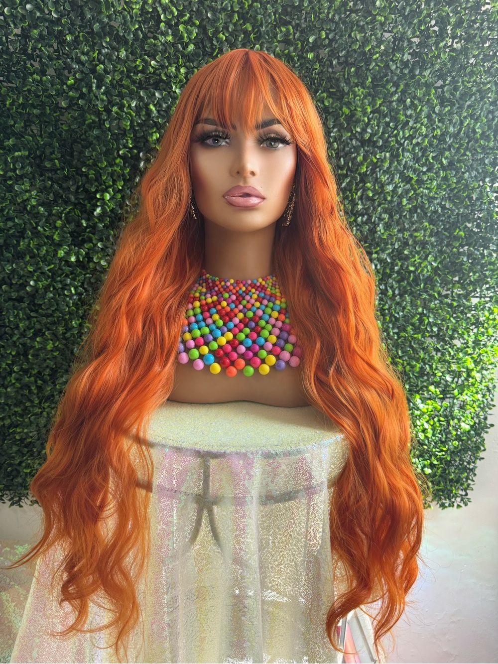 Long Wavy Orange Women's Wig with Bangs - Vibrant Copper Tone